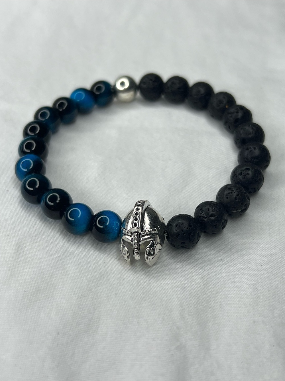 Blue and Black Beaded Bracelet with Silver Viking Helmet Accent